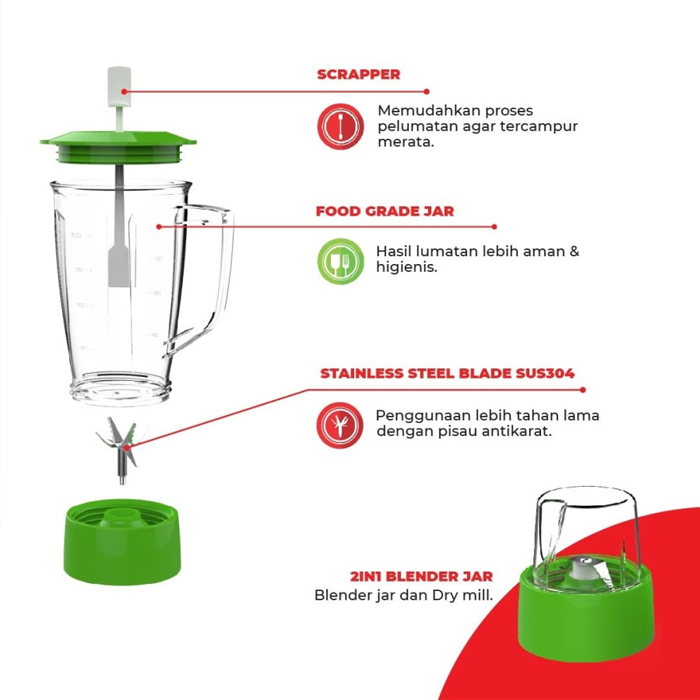 Maspion Blender Gelas Kaca 2in1 1 Liter - MT1272GL | MT-1272 GL - Hijau